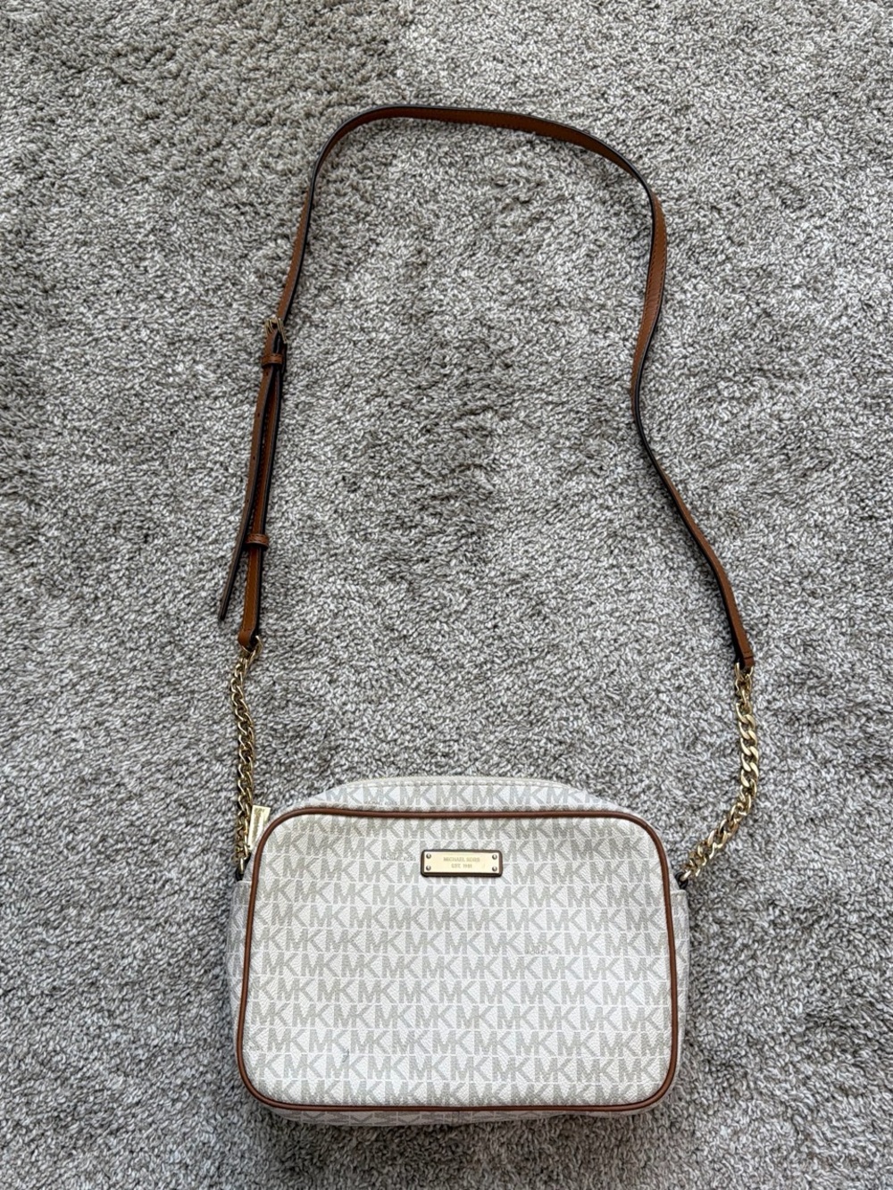 Michael Kors Tan and Ivory MK Signature Crossbody Bag